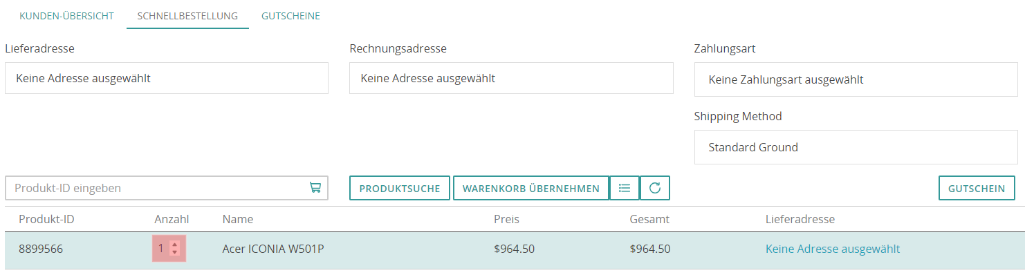 Das Mengenfeld einer Position in einem offenen Warenkorb