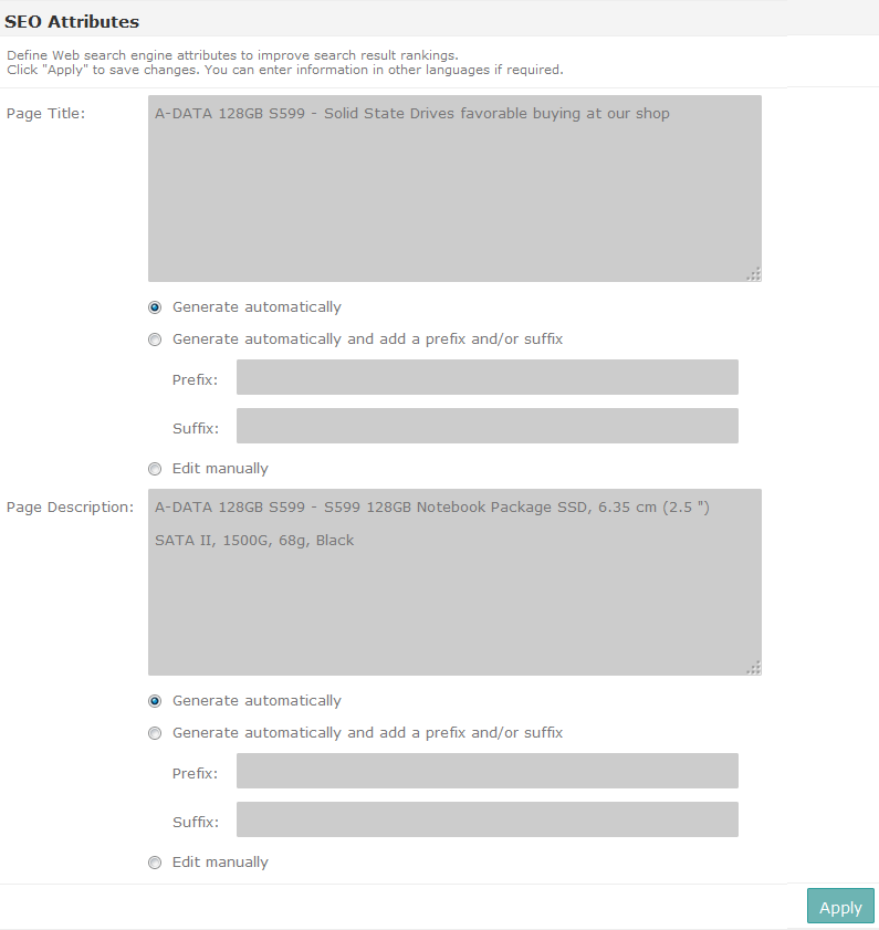 SEO attributes in the Intershop Commerce Management dialog