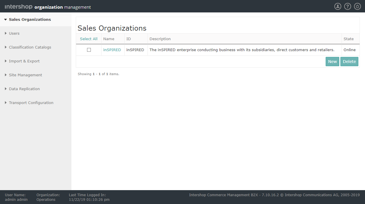 Intershop Organization Management main screen