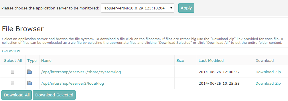 Intershop System Management File Browser