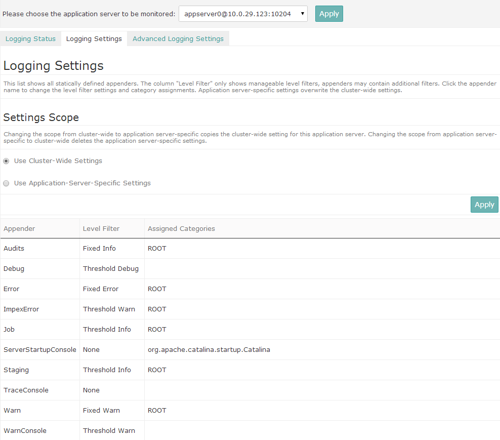 Application server logging settings