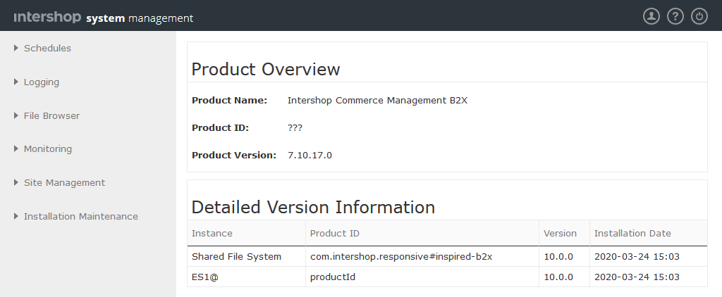 Intershop System Management main screen