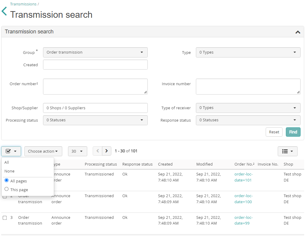 Transmission search form and result page